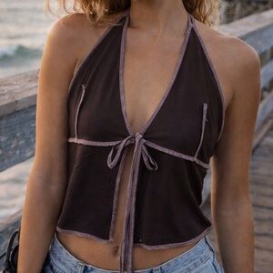 Brown halter Crop Top Large surf girl